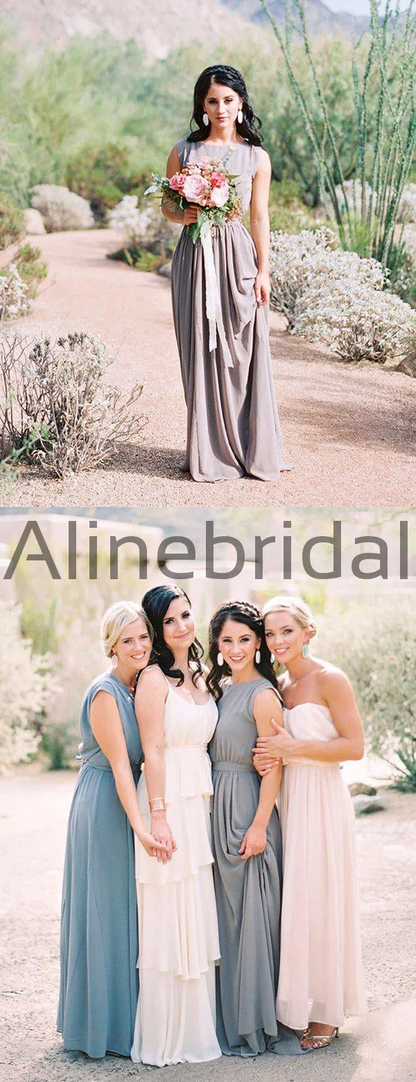 Elegant Chiffon Sleeveless Round Neckline Simple Long Bridesmaid Dresses, AB4134