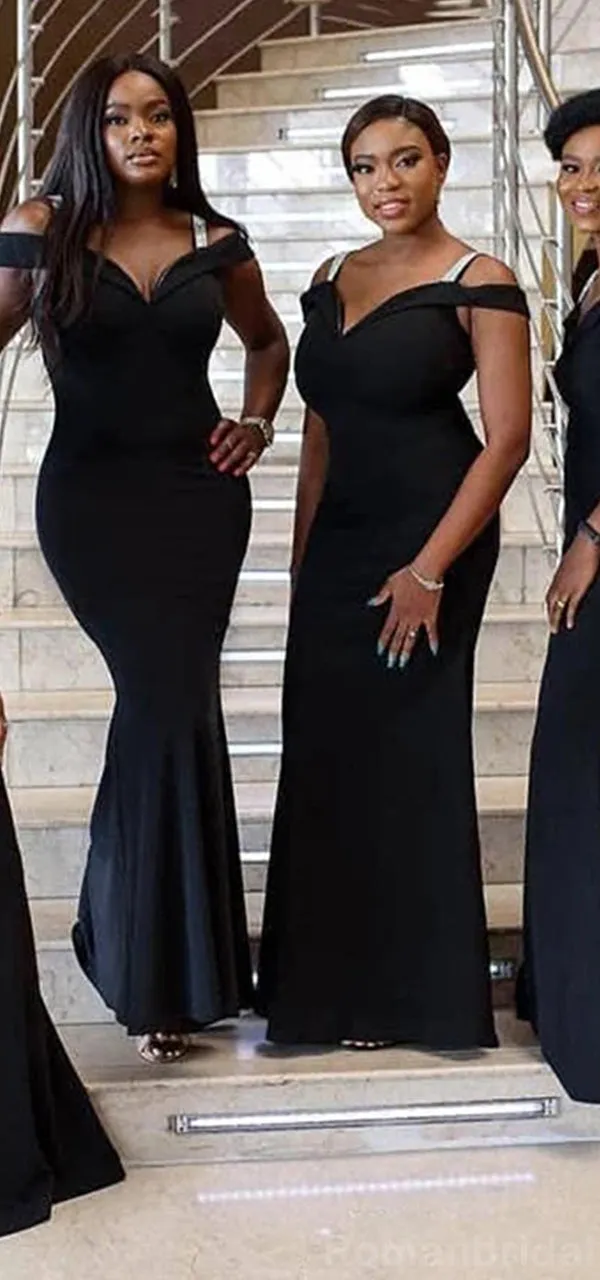 Elegant Cold Shoulder Mermaid Long Black Long Bridesmaid Dresses Online, BG443