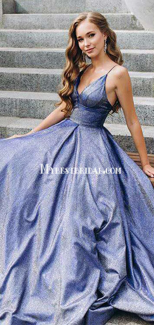 Elegant Dark Blue V-neck A-line Long Prom Dresses, PDS0129