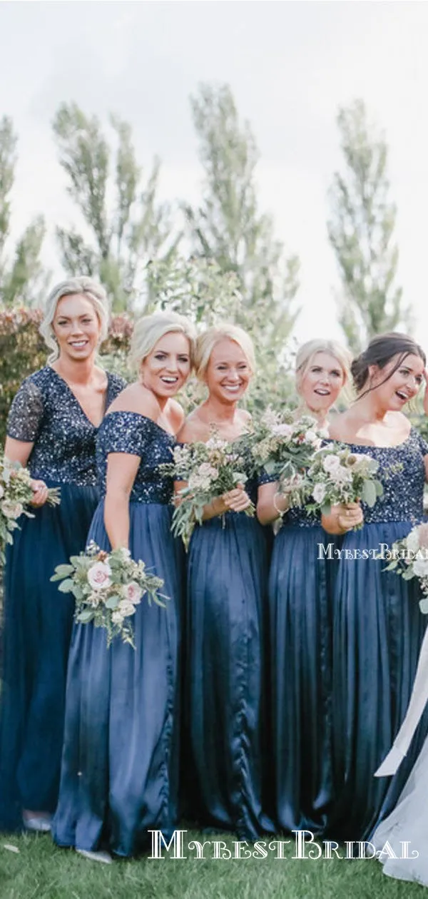 Elegant Mismatched Blue Sequin Tulle A-line Long Cheap Bridesmaid Dresses, BDS0017