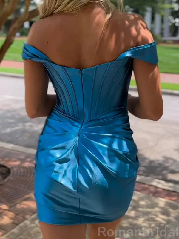 Elegant Off Shoulder Mermaid Satin Ocean Blue Short Homecoming Dresses Online, HD0661