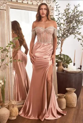 EMBELLISHED OFF THE SHOULDER SATIN GOWN