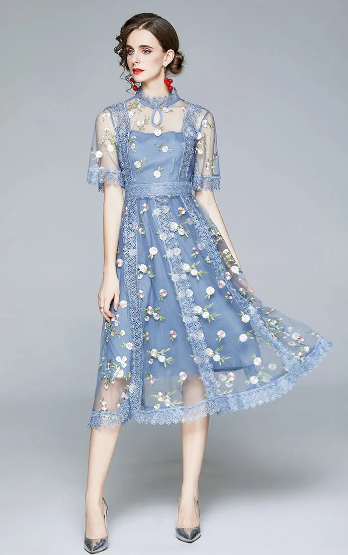 Embroidered mesh French long super fairy sweet dress