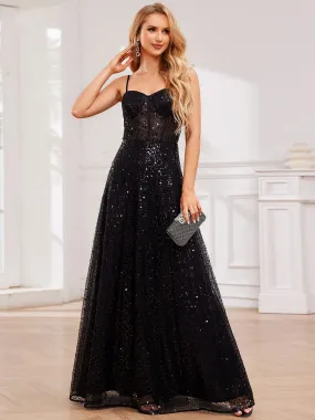 Exquisite Spaghetti Straps Sweetheart Neckline See-Through Sequin Evening Dresses