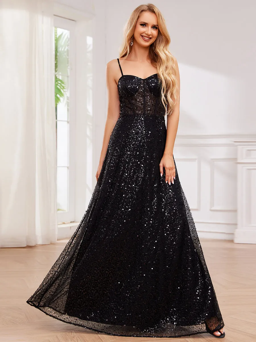 Exquisite Spaghetti Straps Sweetheart Neckline See-Through Sequin Evening Dresses