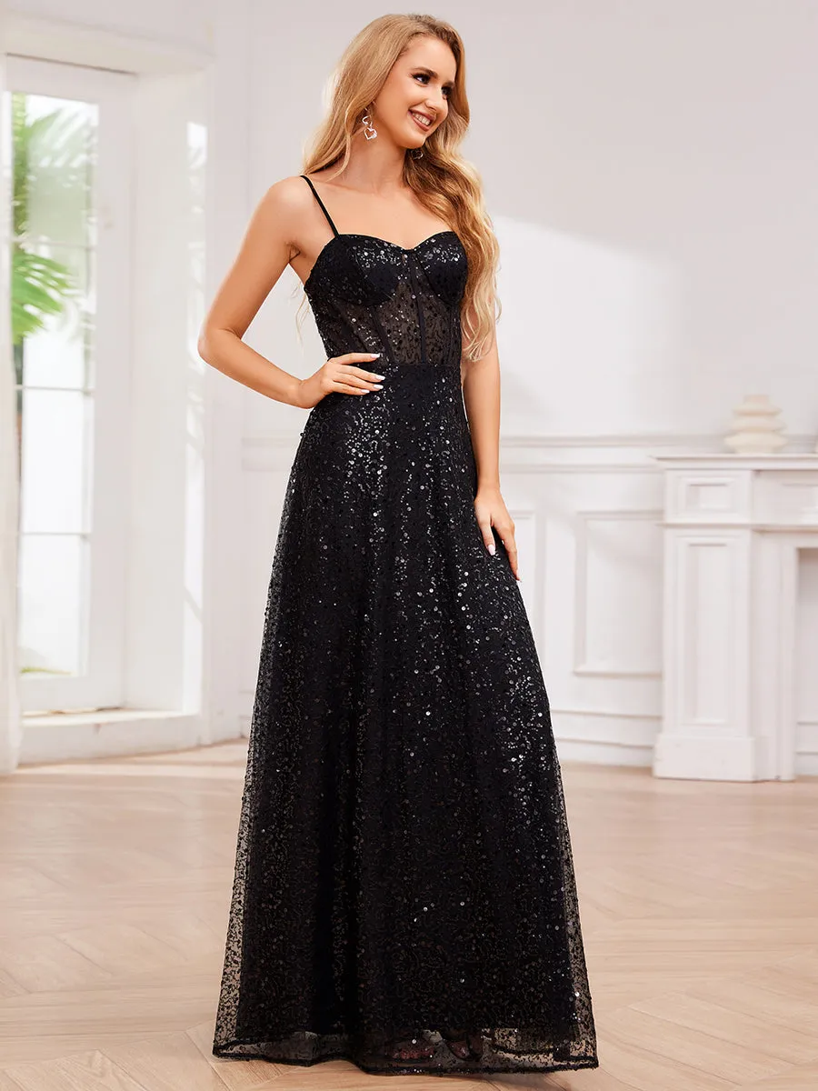 Exquisite Spaghetti Straps Sweetheart Neckline See-Through Sequin Evening Dresses