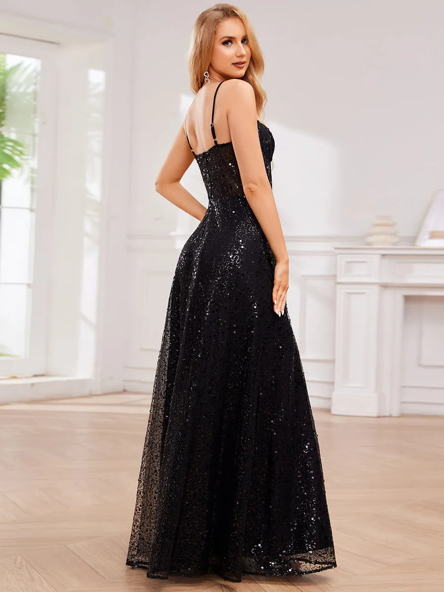 Exquisite Spaghetti Straps Sweetheart Neckline See-Through Sequin Evening Dresses