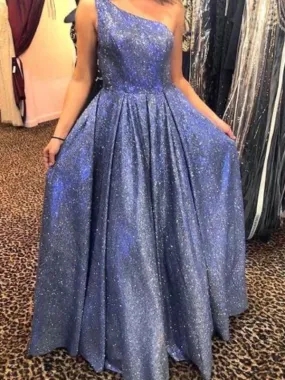 Fashion One Shoulder Long Prom Dresses, Shiny A-line Prom Dresses, 2020 Prom Dresses