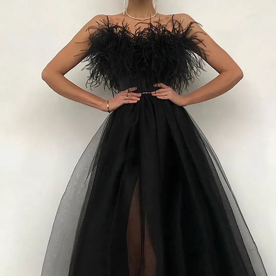 Feather Tulle A Line Prom Dress