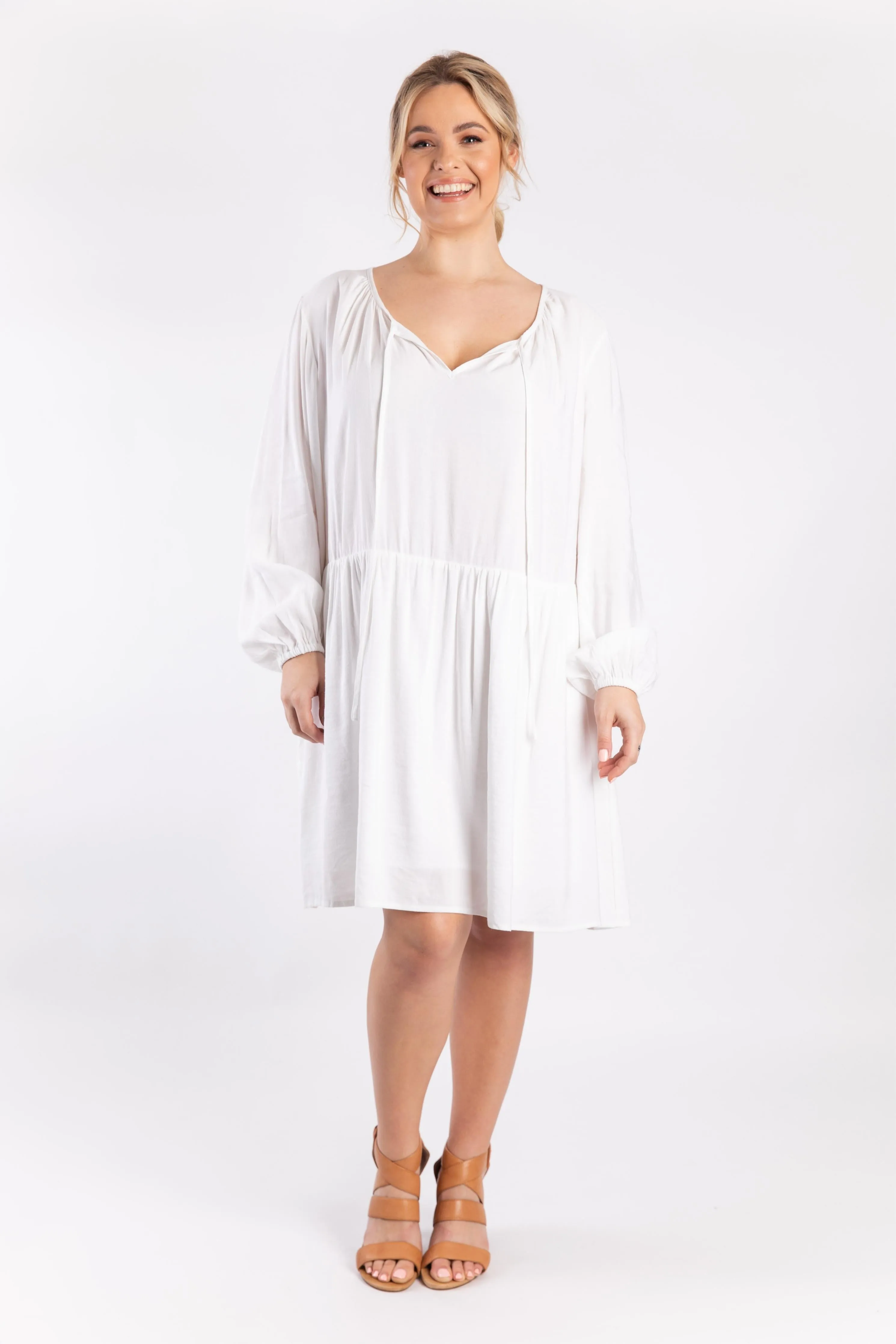 FINAL SALE Long Sleeve Tie Front Midi Dress in White