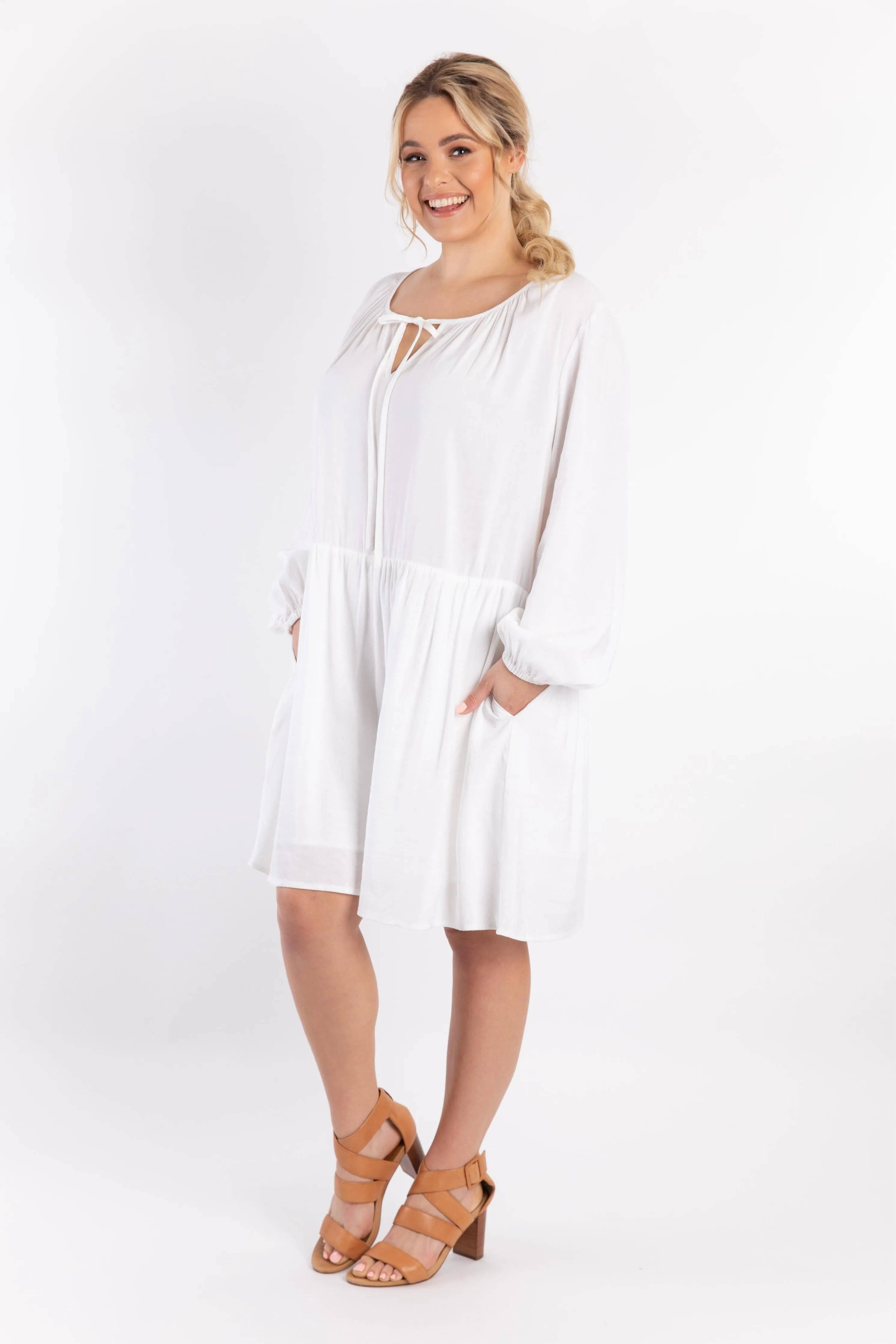 FINAL SALE Long Sleeve Tie Front Midi Dress in White