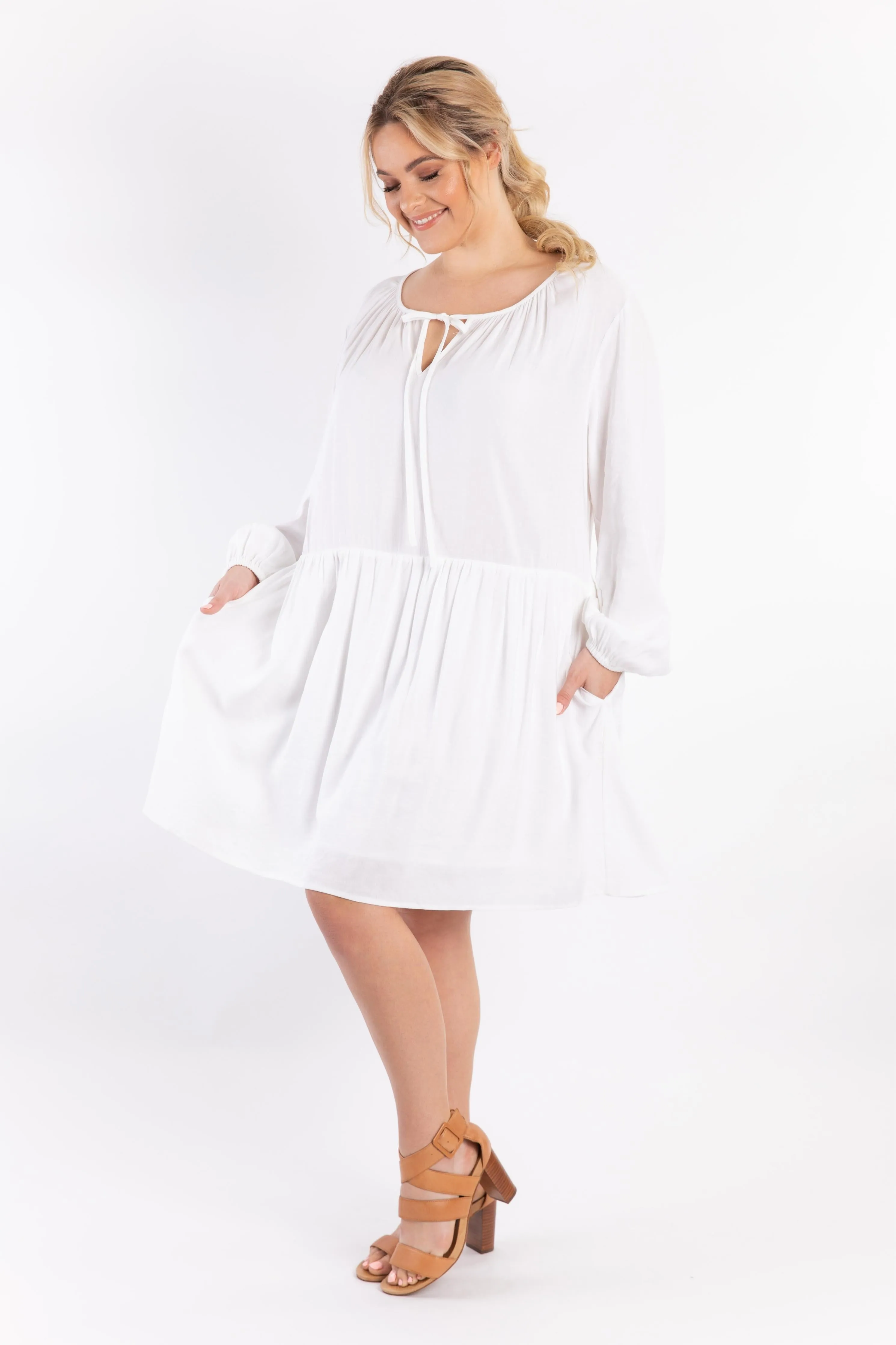 FINAL SALE Long Sleeve Tie Front Midi Dress in White