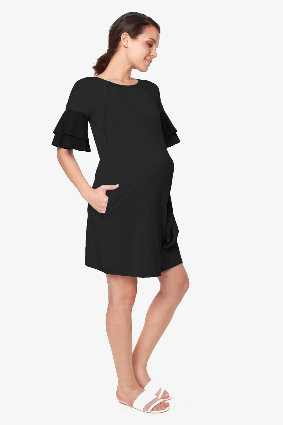 Flounce Sleeves Calissa Bamboo Cotton Nursing Dress Black