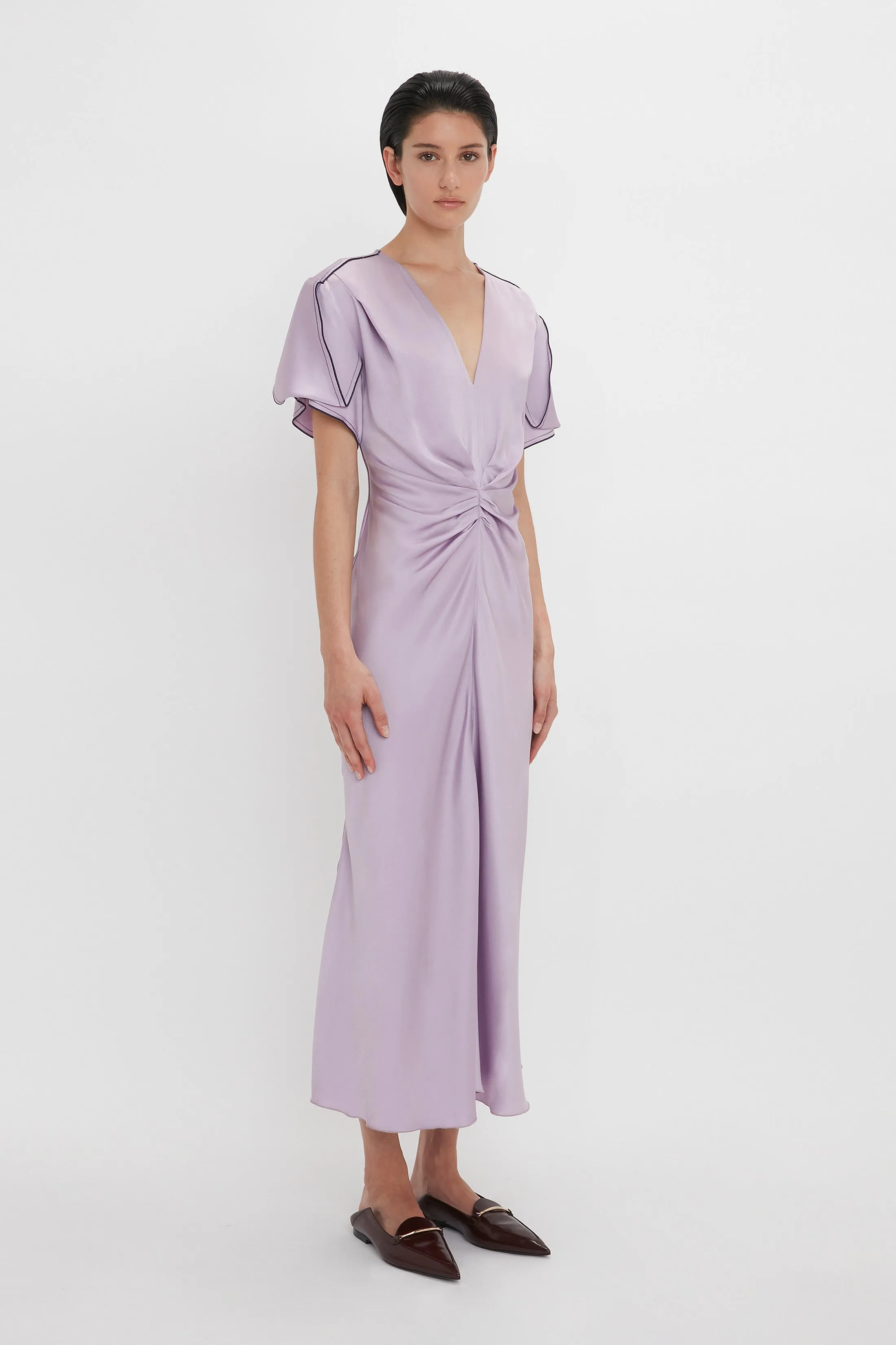 Gathered V-Neck Midi Dress In Petunia