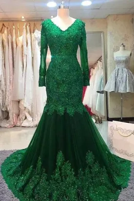 Green Beaded Lace Bride Mother's Evening Gown Long Sleeve