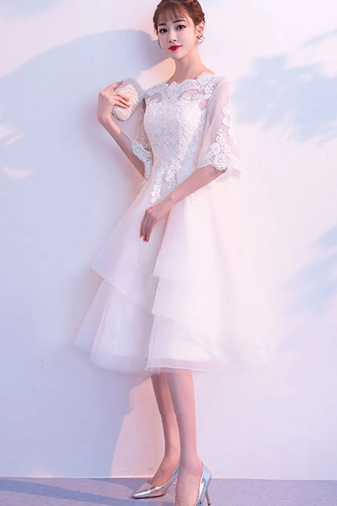 HALF SLEEVE EMBROIDERED LAYERED TULLE A-LINE DRESS