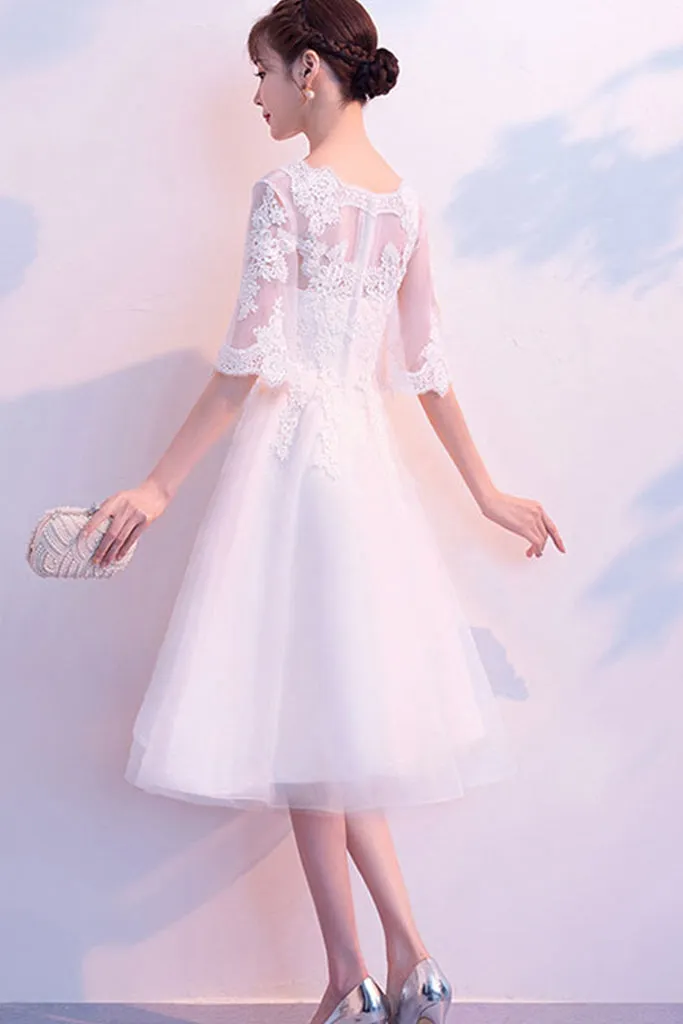 HALF SLEEVE EMBROIDERED LAYERED TULLE A-LINE DRESS