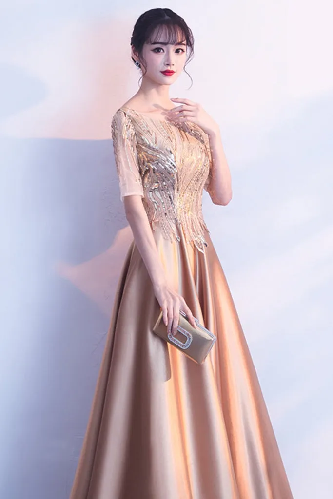 Elegant Half-Sleeve Sequin Formal Maxi Dress - Sparkling Evening Gown