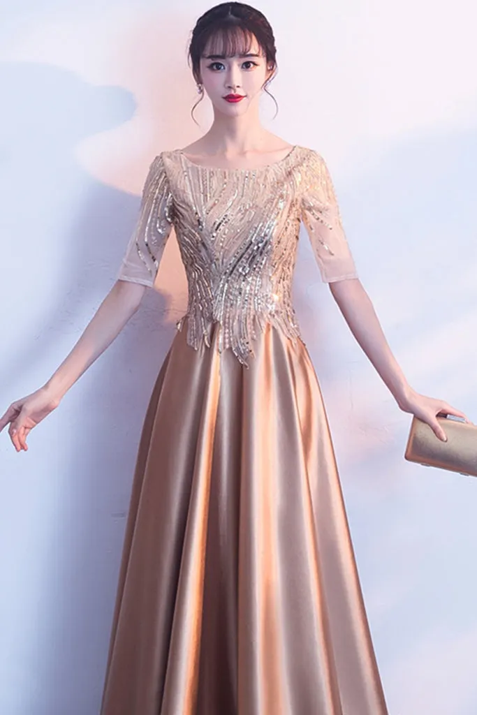 Elegant Half-Sleeve Sequin Formal Maxi Dress - Sparkling Evening Gown