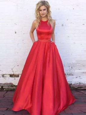 Halter Long A-line Satin Beaded Prom Dresses, Formal Dresses