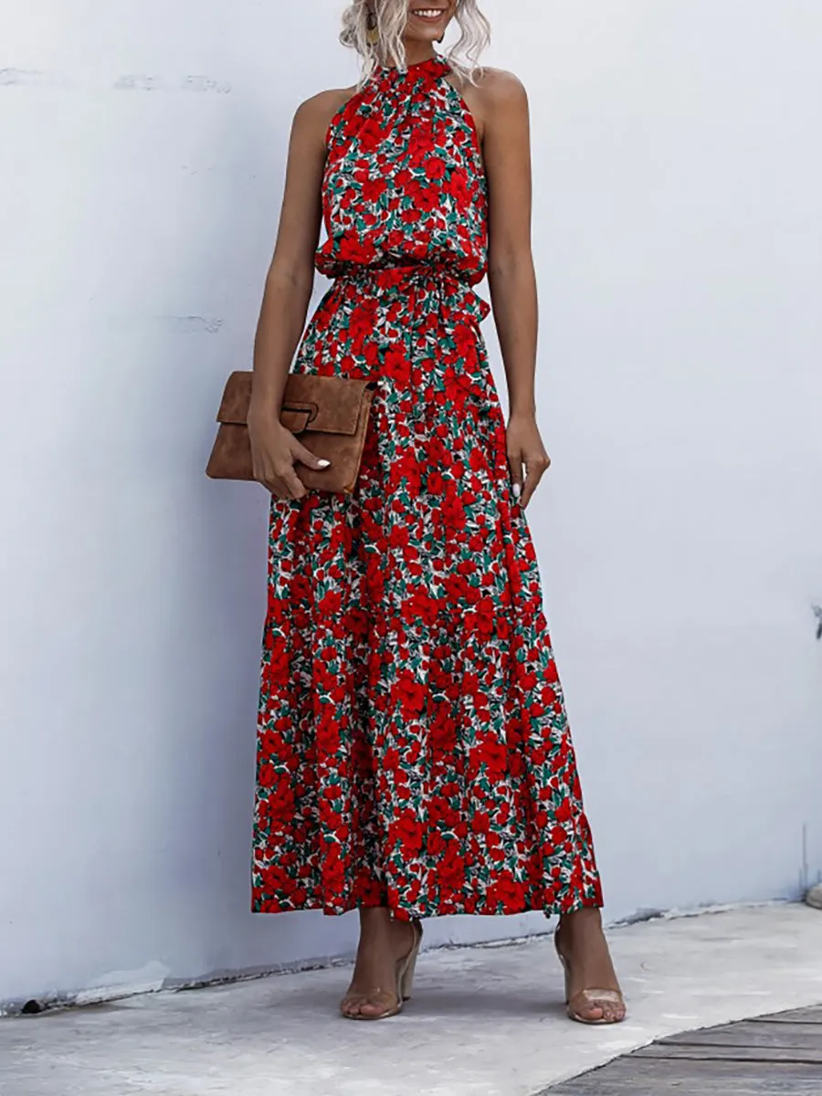 Halter Neck Printed Belted Wholesale Casual Dresses