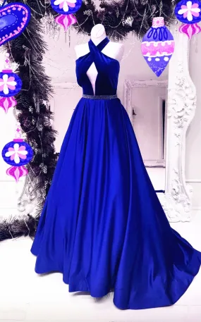 Halter Velvet Top Long Satin Ball Gowns Evening Dresses