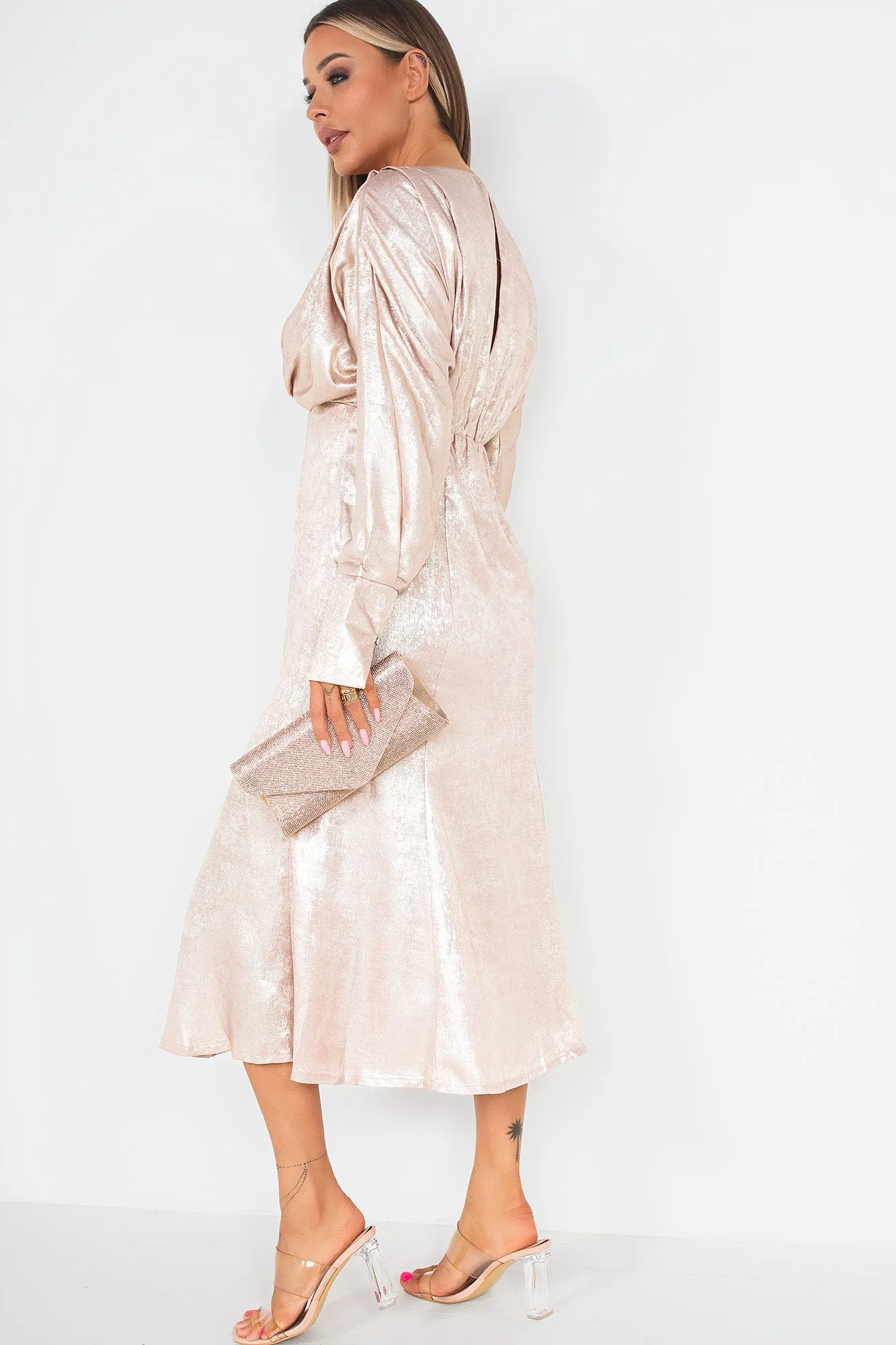 Harlow Rose Gold Metallic Midi Dress