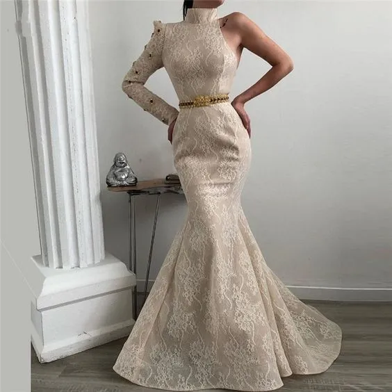 high neck champagne evening dresses long one shoulder elegant lace applique modest evening gown