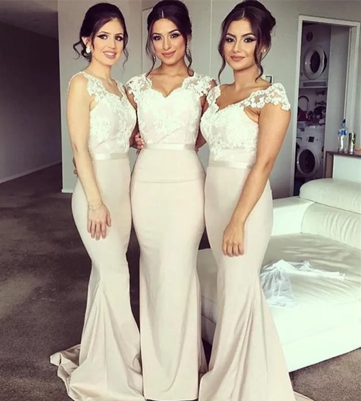 Ivory Lace Cap Sleeves V-neck Floor Length Satin Bridesmaid Dresses