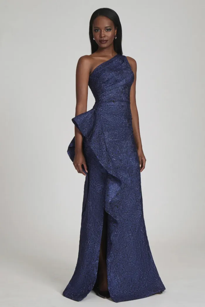 Jacquard One Shoulder Side Ruffle Gown