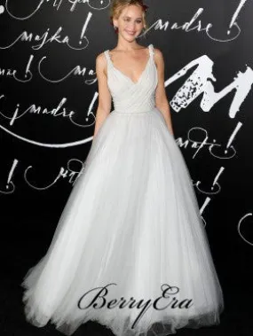 Jennifer Lawrence Off White Tulle A-line Long Prom Dresses