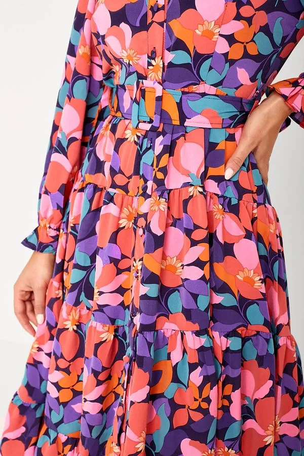 Karen Pink Multi Floral Belted Shirt Dress