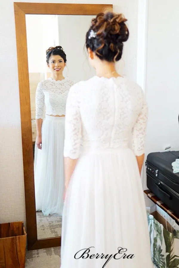 Lace Top Wedding Dresses, Long Sleeves Wedding Dresses, 2 Pieces Wedding Dresses