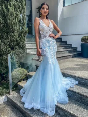 Light Blue Color V Neck Prom Dresses, Mermaid Appliques 2021 Long Prom Dresses, Evening Dresses