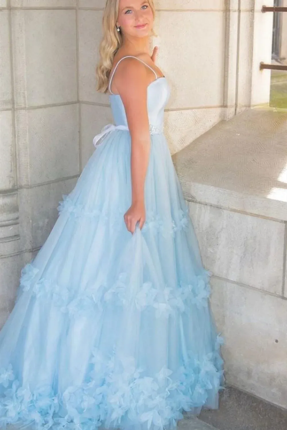 Light Blue Floral Long Prom Dresses Formal Graduation Evening Dresses SH670