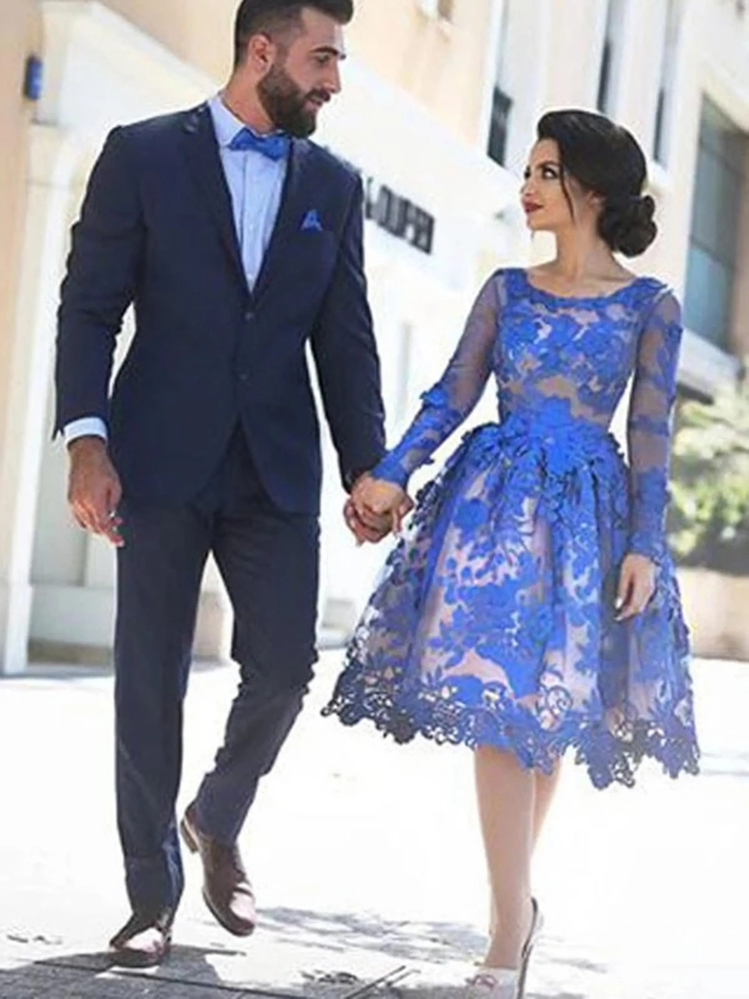 Long Sleeves Knee Length Short Blue Lace Prom Dresses