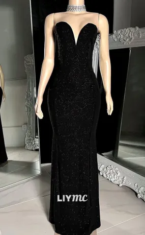 LP2219 - V-Neck Sleeveless Beaded Black Mermaid Floor-Length Prom Dress