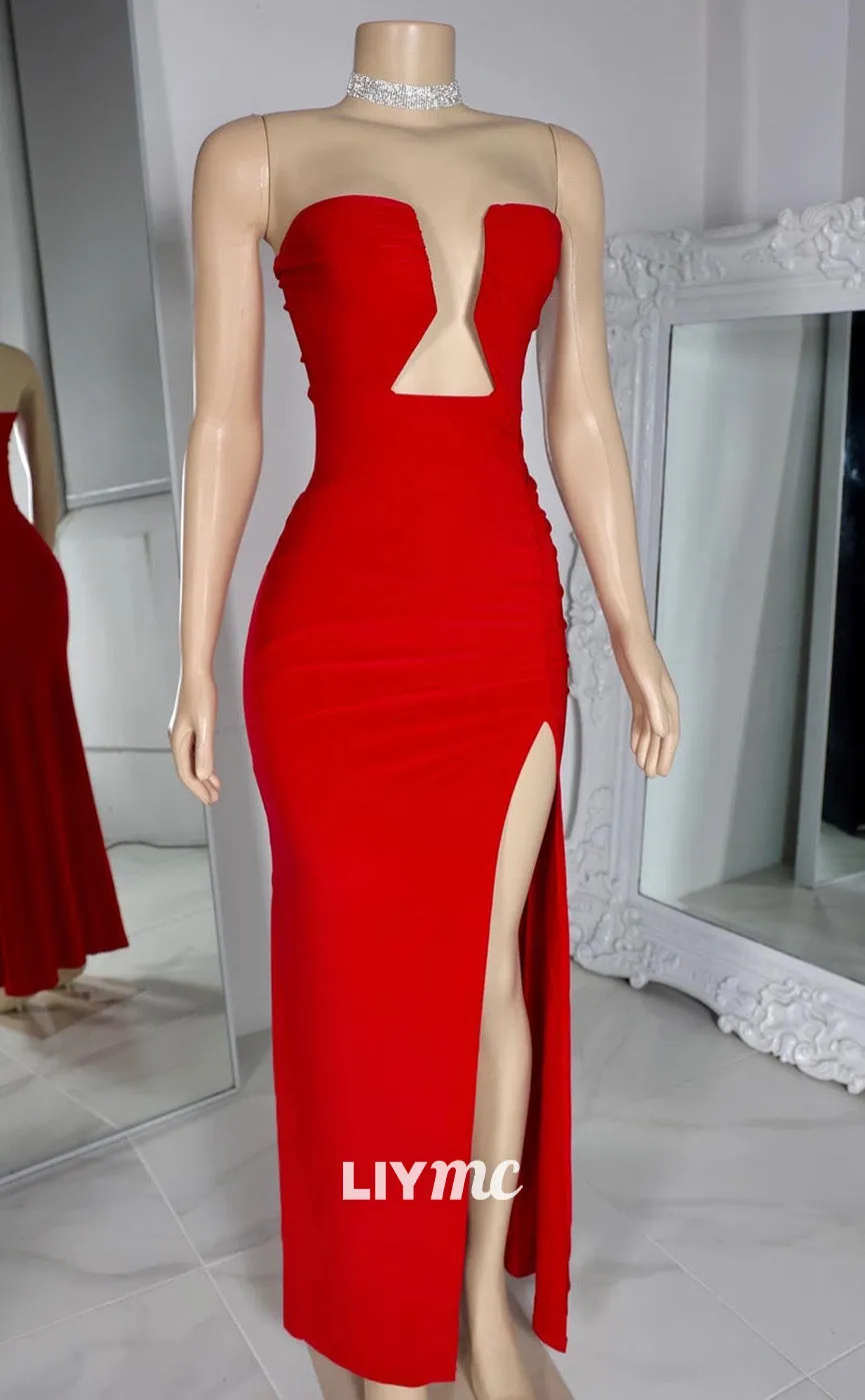 LP2222 - V-Neck Cut Outs Sleeveless High Slit Sleek Prom Dress