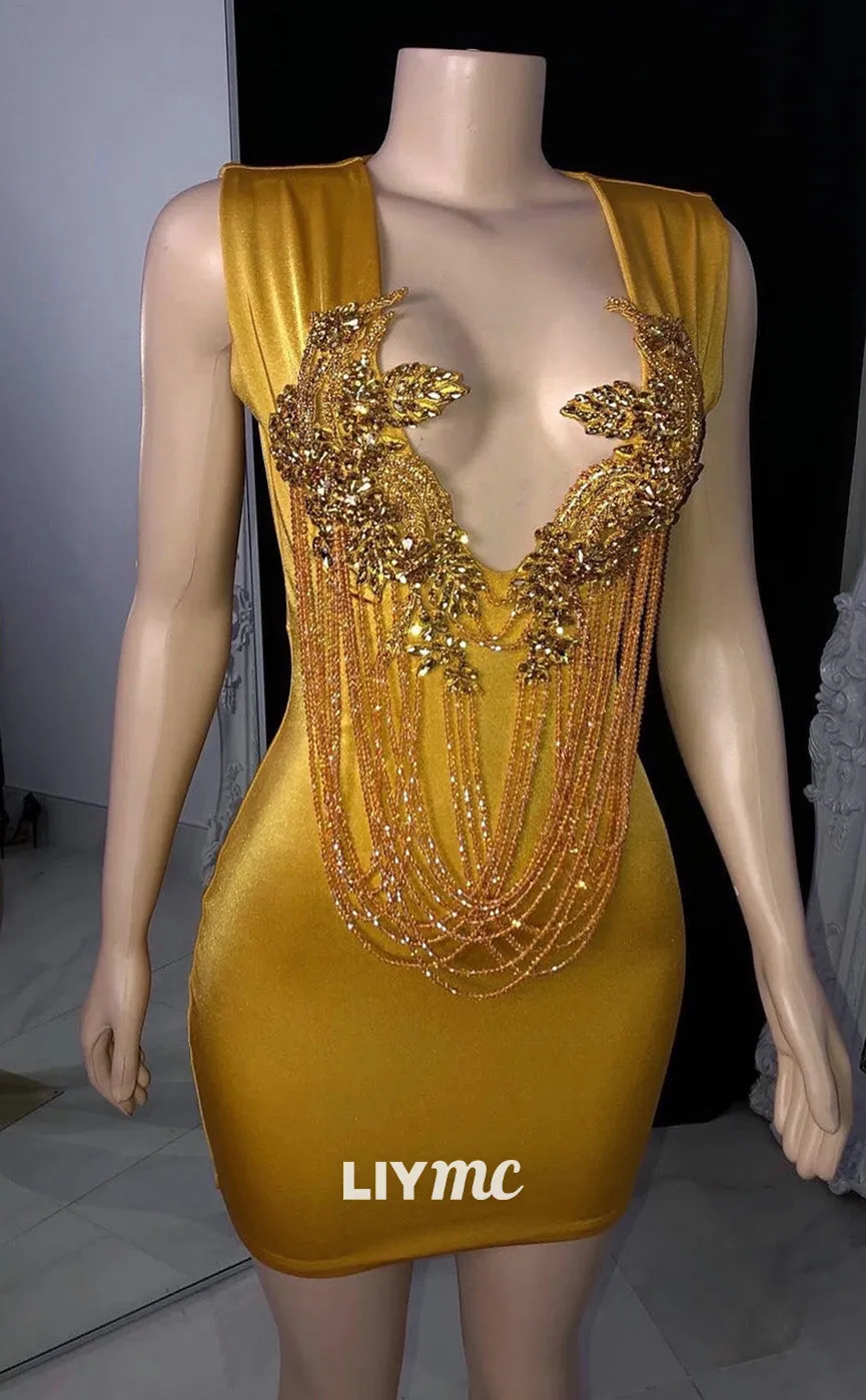 LP2232 - V-Neck Sleeveless Appliques Beaded Short Bodycon Prom Dress