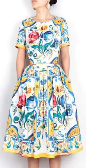 'Majolica' Print A-Line Dress