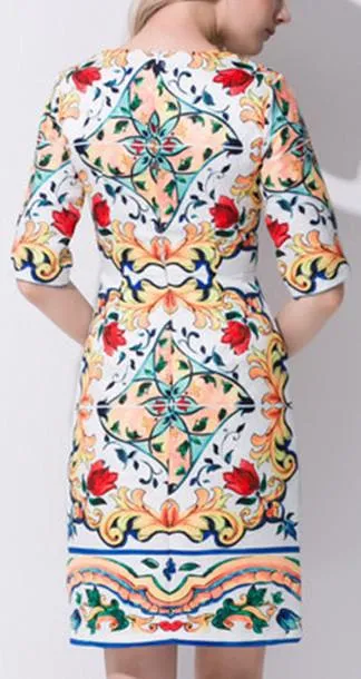 'Majolica' Print Knee Length Dress - Multi Color