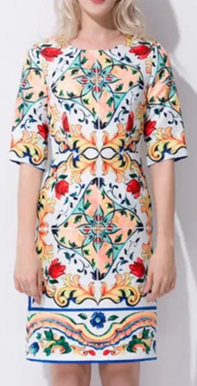 'Majolica' Print Knee Length Dress - Multi Color