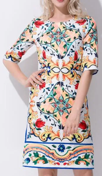 'Majolica' Print Knee Length Dress - Multi Color