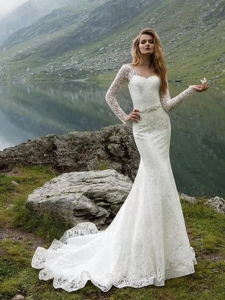 Mermaid Lace Wedding Dress Long Sleeve White Cheap Wedding Dress #ER369