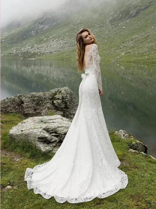 Mermaid Lace Wedding Dress Long Sleeve White Cheap Wedding Dress #ER369