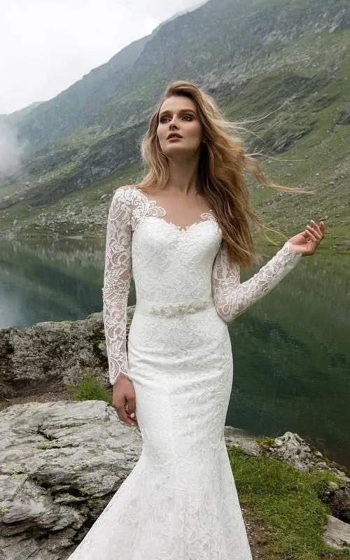 Mermaid Lace Wedding Dress Long Sleeve White Cheap Wedding Dress #ER369