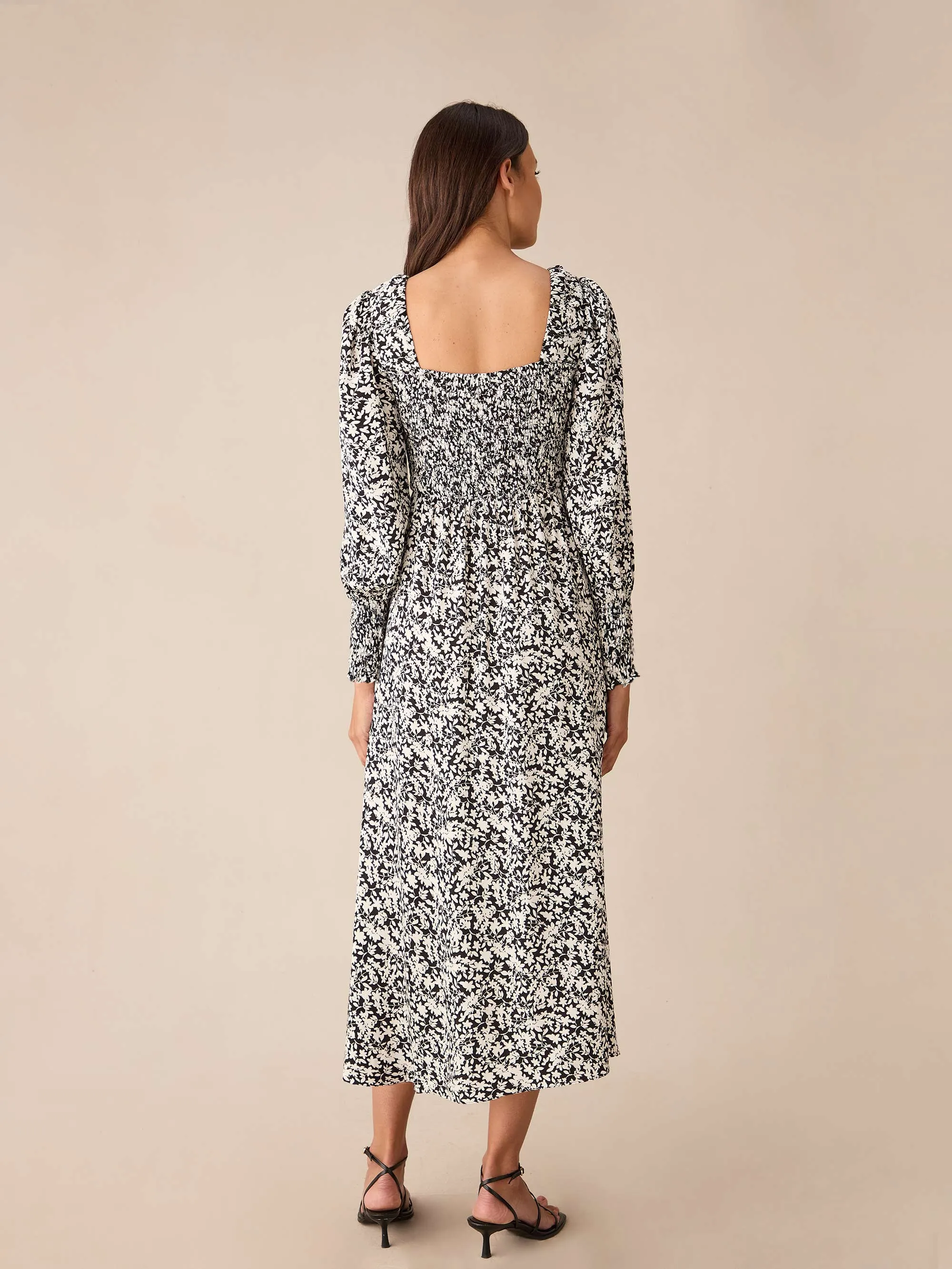 Mono Floral Print Shirred Midaxi Dress