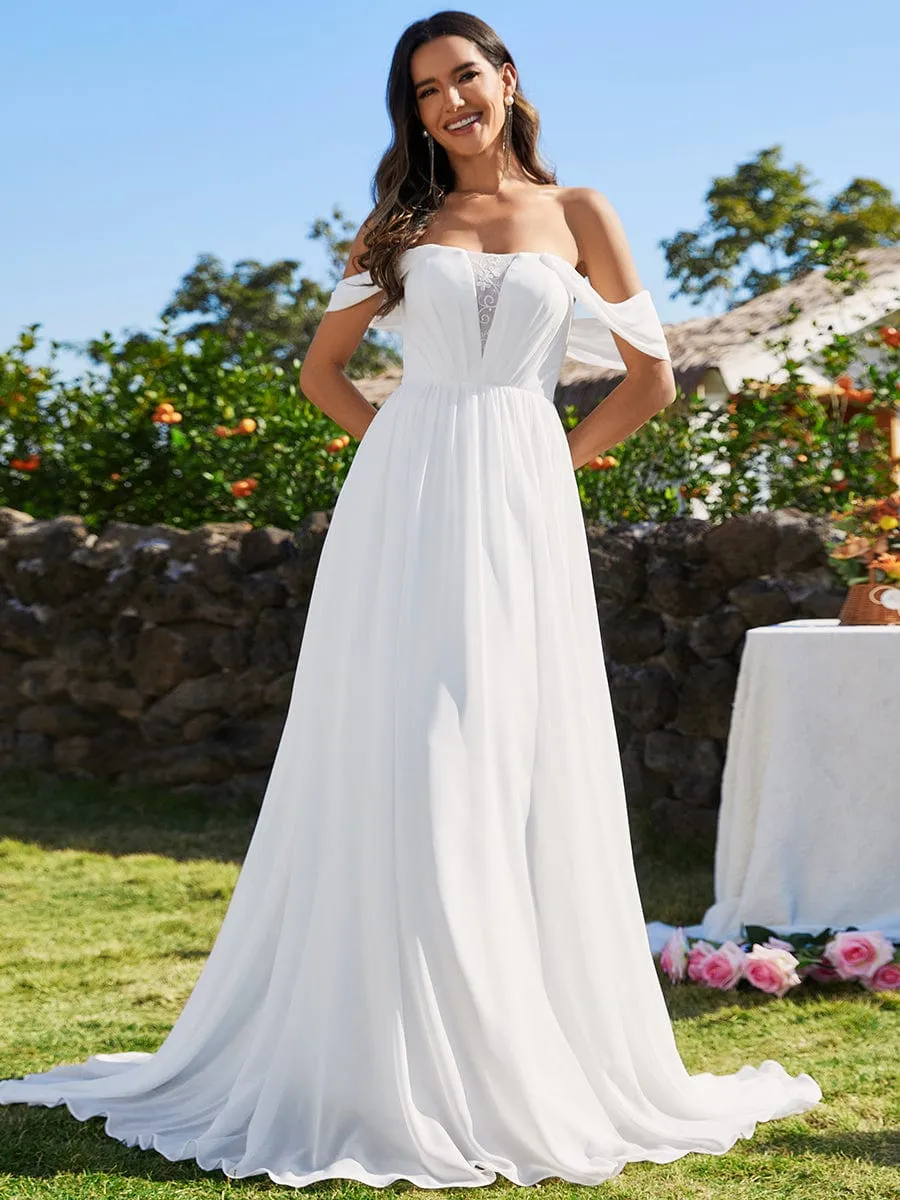 Off Shoulder Lace-Up Back Chiffon A-Line Wedding Dress