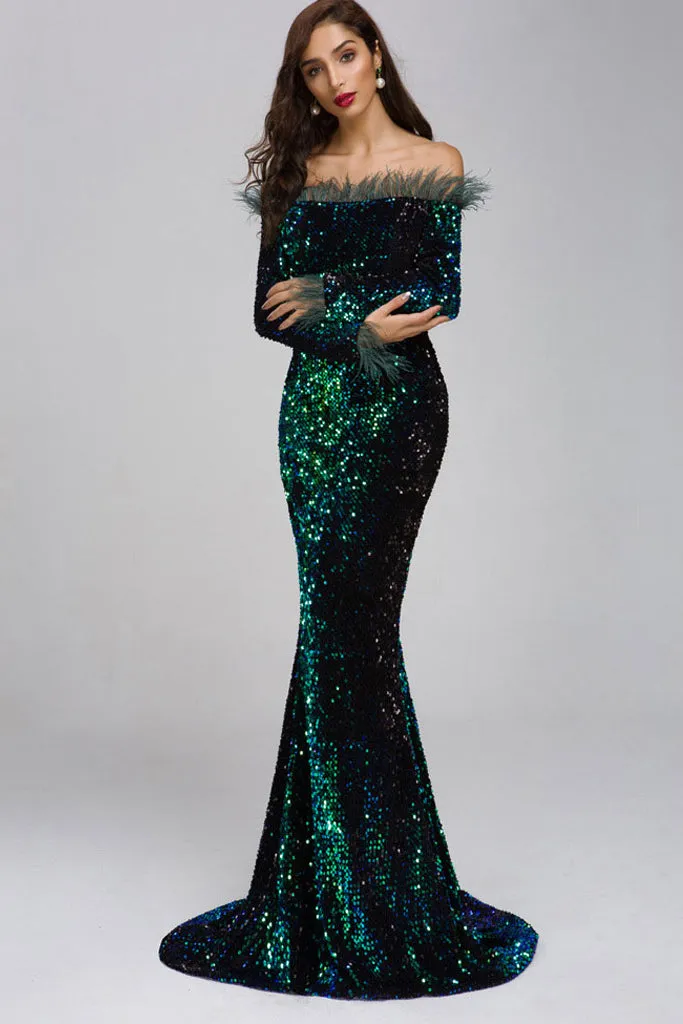 Off Shoulder Sequin Full Length Dress