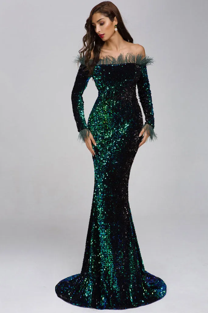 Off Shoulder Sequin Full Length Dress